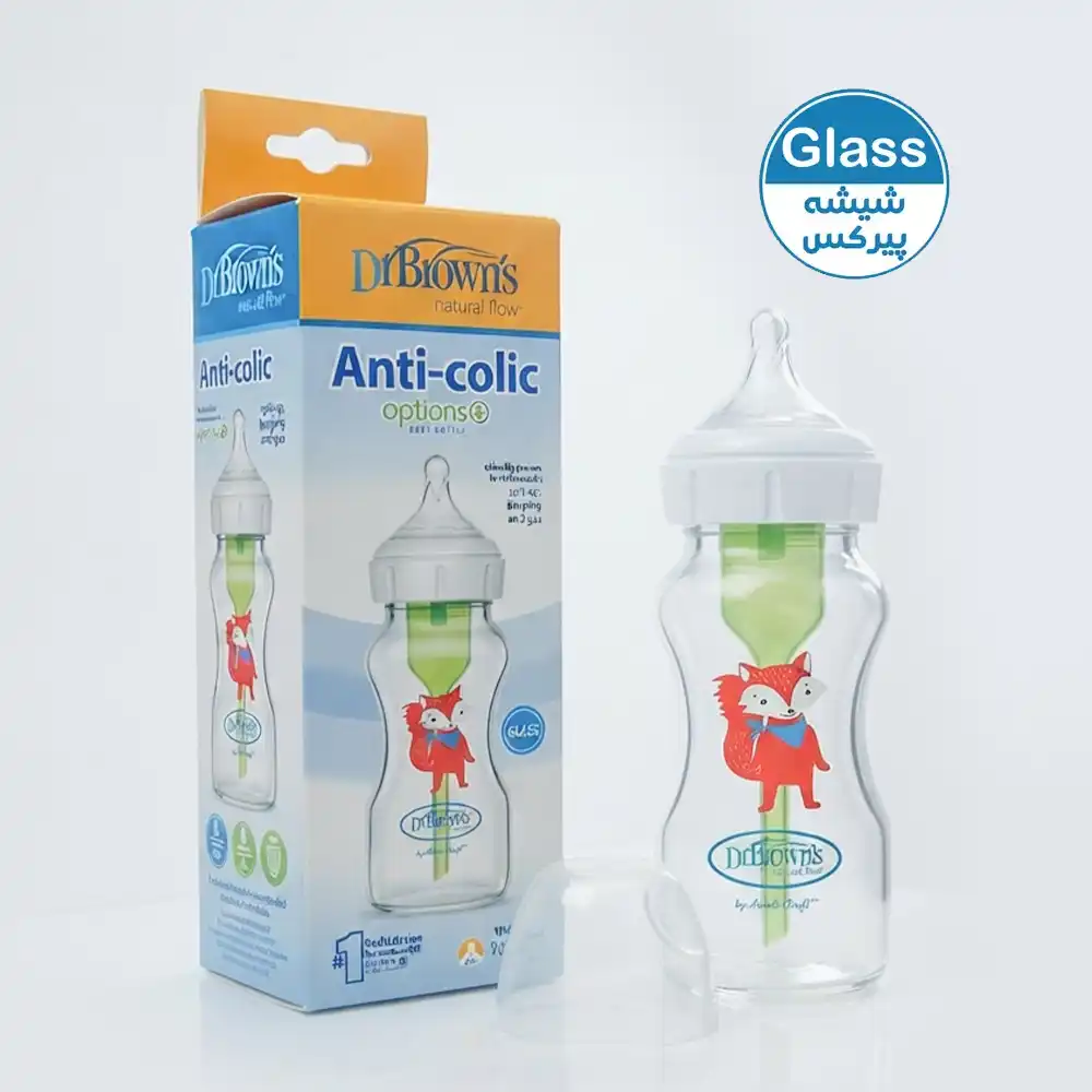 dr-browns-wide-bottle-270ml-glass-fox-1 خرید شیشه شیر پیرکس پهن 270 میلی لیتر ضدنفخ دکتر براون | Dr Brown's طرح روباه